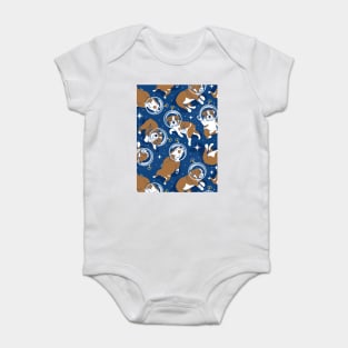 Sleepy astronaut // pattern // classic blue background white and bronze English Bulldogs goldenrod yellow antennas Baby Bodysuit